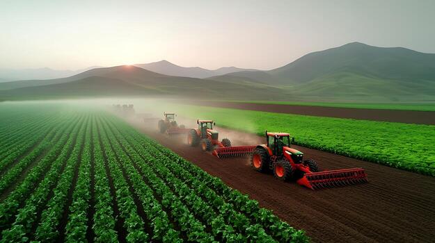 tractors plowing a lush green field at sunset with mountains in the background creating a serene landscape photo